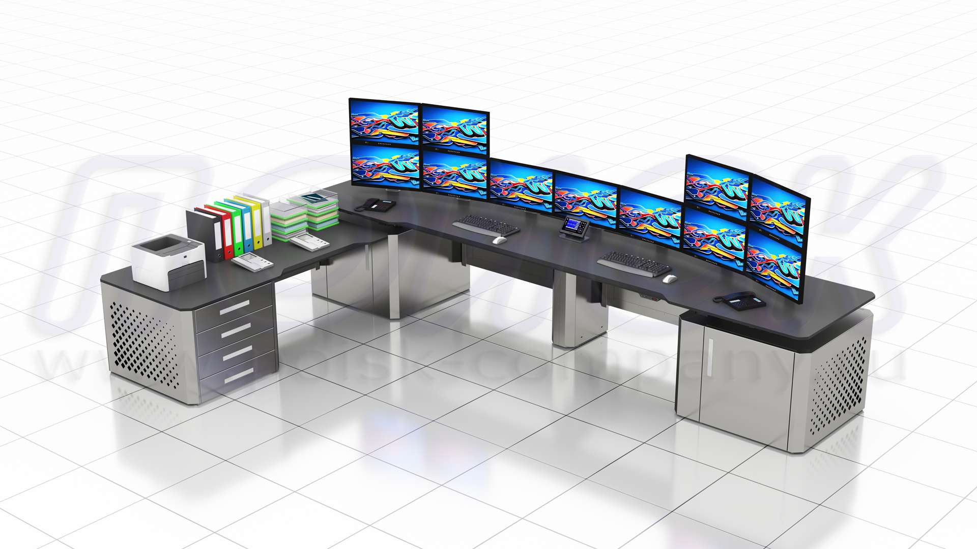 Диспетчерский Г-образный стол-пульт ПОИСК-Б2М-ТЕХНО со встроенными тумбами для размещения оборудования (в том числе 19) и документации и подъемной столешницей