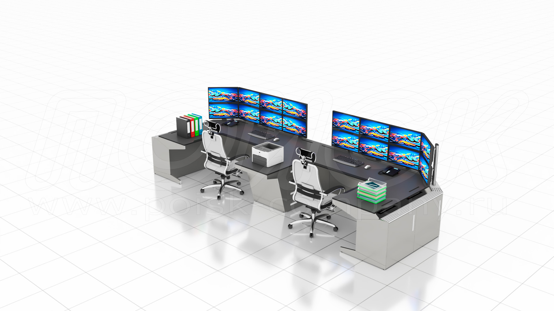 Двухместный диспетчерский стол ПОИСК-Е2 с отсеками для размещения оборудования и документации, а также канцелярских принадлежностей