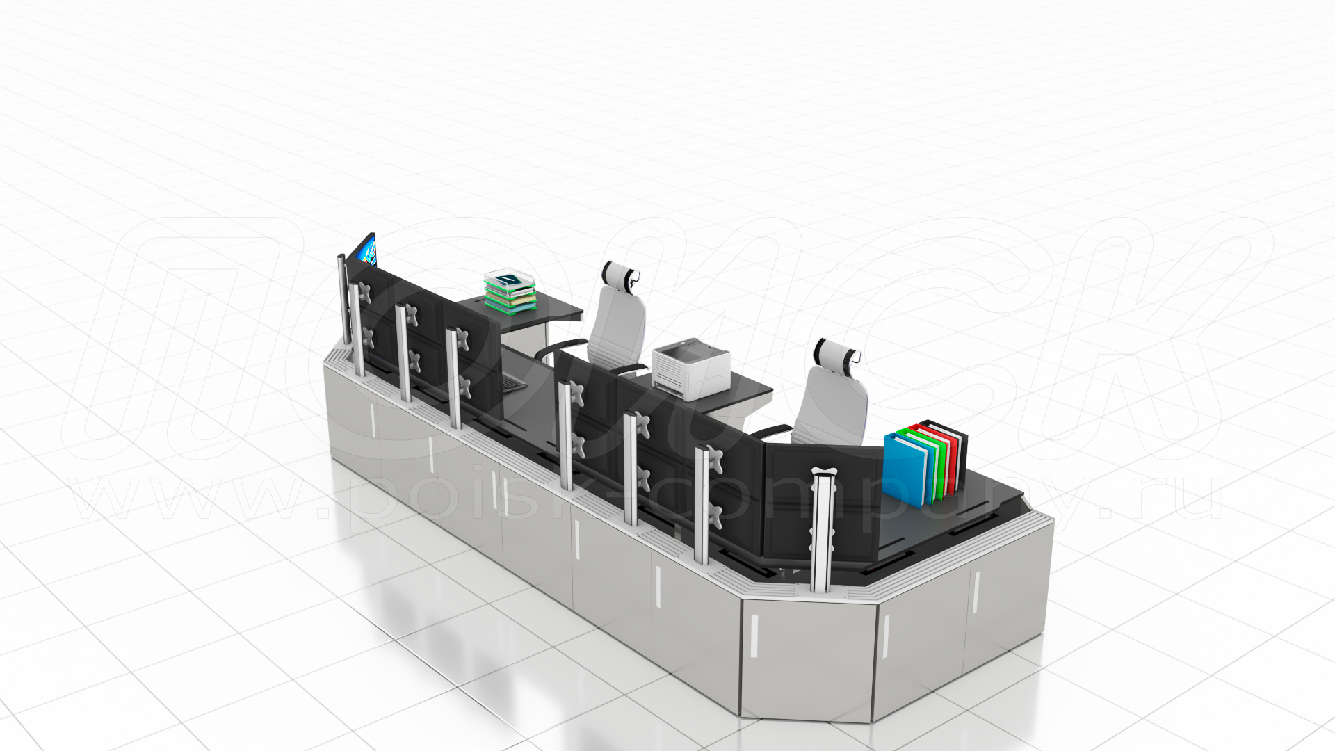Стол оператора ПОИСК-Е, с отсеками для размещения оборудования и документации, с размещенным на столе оборудованием 