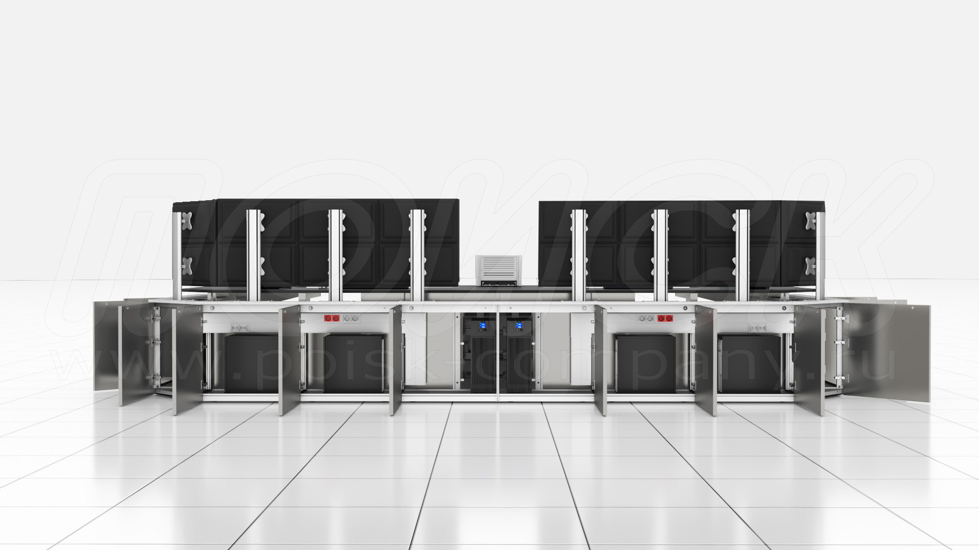 Диспетчерская мебель (стол) ПОИСК-Е2 (за открытыми дверьми видны размещенные внутри системные блоки, блоки ИБП и монтажный модуль со встроенными розетками)