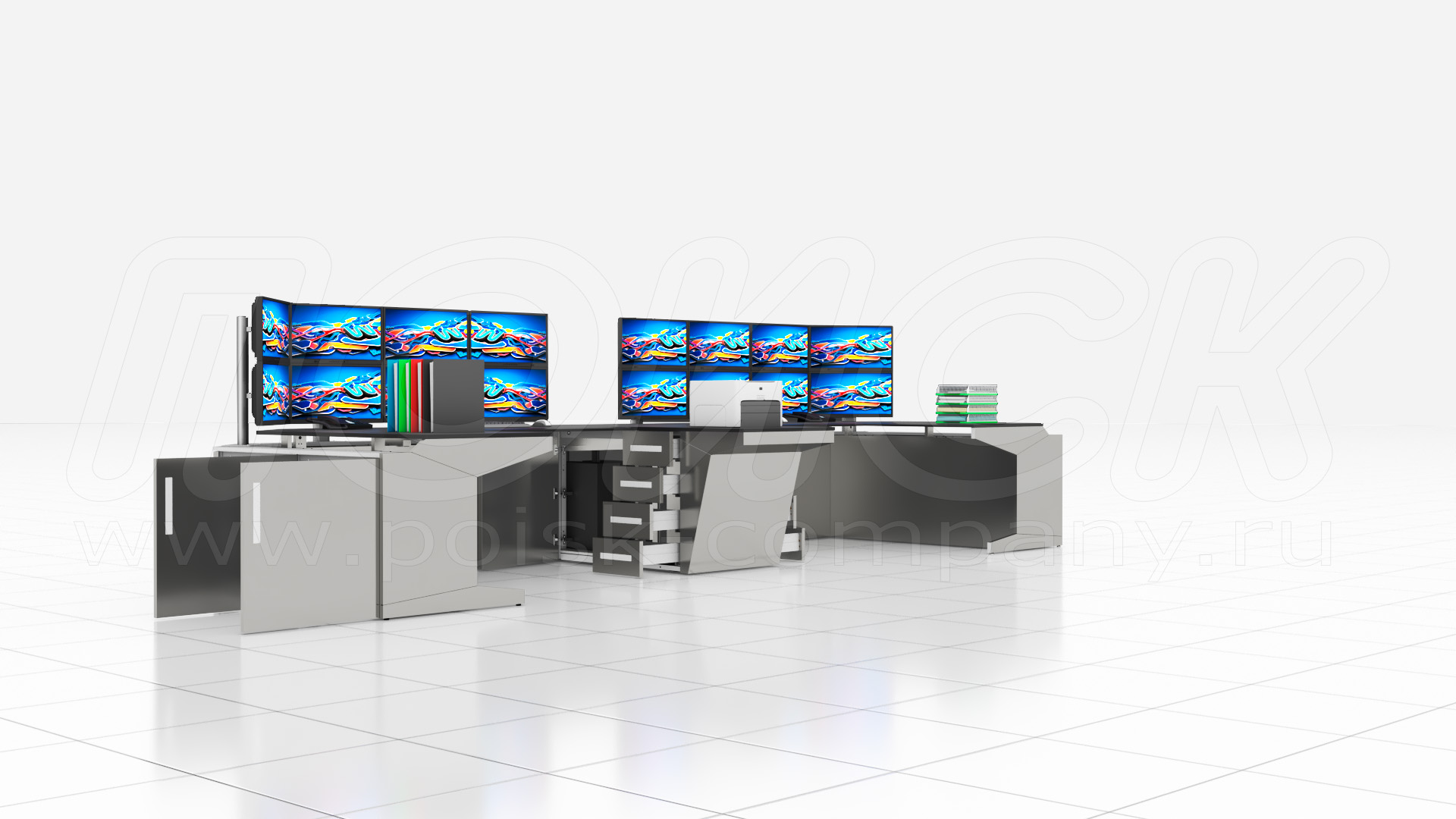 Двухместный диспетчерский стол ПОИСК-Е2 с отсеками для размещения оборудования и документации (за открытыми дверьми видно внутреннее пространство отсеков)