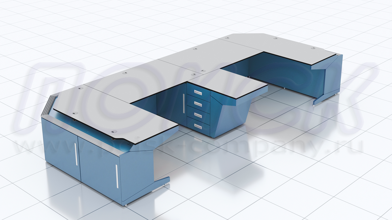 Двухместный диспетчерский стол-пульт ПОИСК-Е2 с отсеками для размещения оборудования и документации, а также канцелярских принадлежностей, с примером размещения оборудования на столе