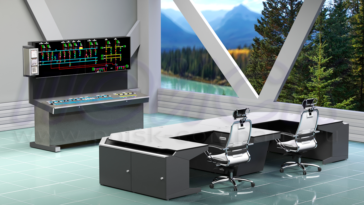 Помещение главного щита управления, оснащенное диспетчерским столом-пультом ПОИСК-Е2