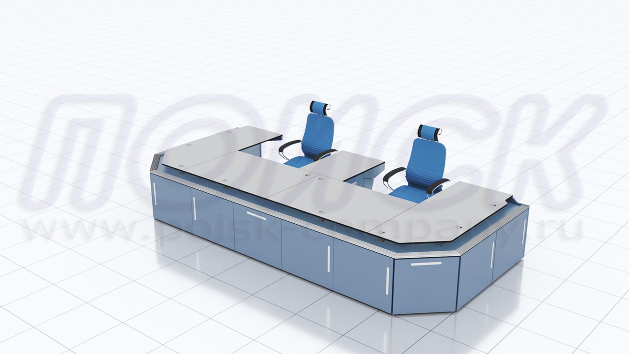 Диспетчерский стол-пульт ПОИСК-Е, Е-образной формы, с отсеками для размещения оборудования и документации