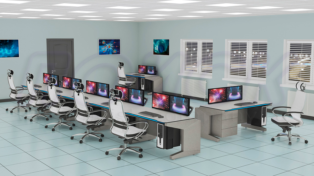 Диспетчерские столы (диспетчерская мебель) серии ПОИСК-Н с подвесными тумбами и держателями системных блоков