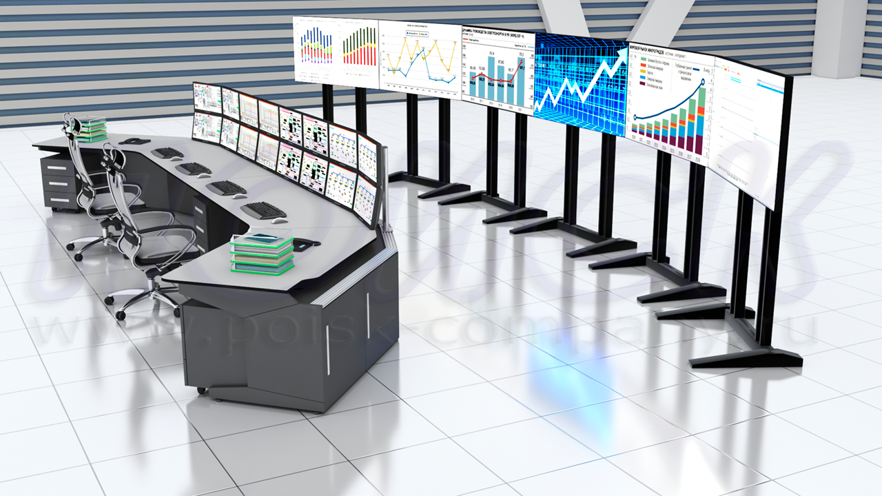 Двухместный диспетчерский стол-пульт ПОИСК-Н2, С-образной формы, с отсеками для размещения оборудования