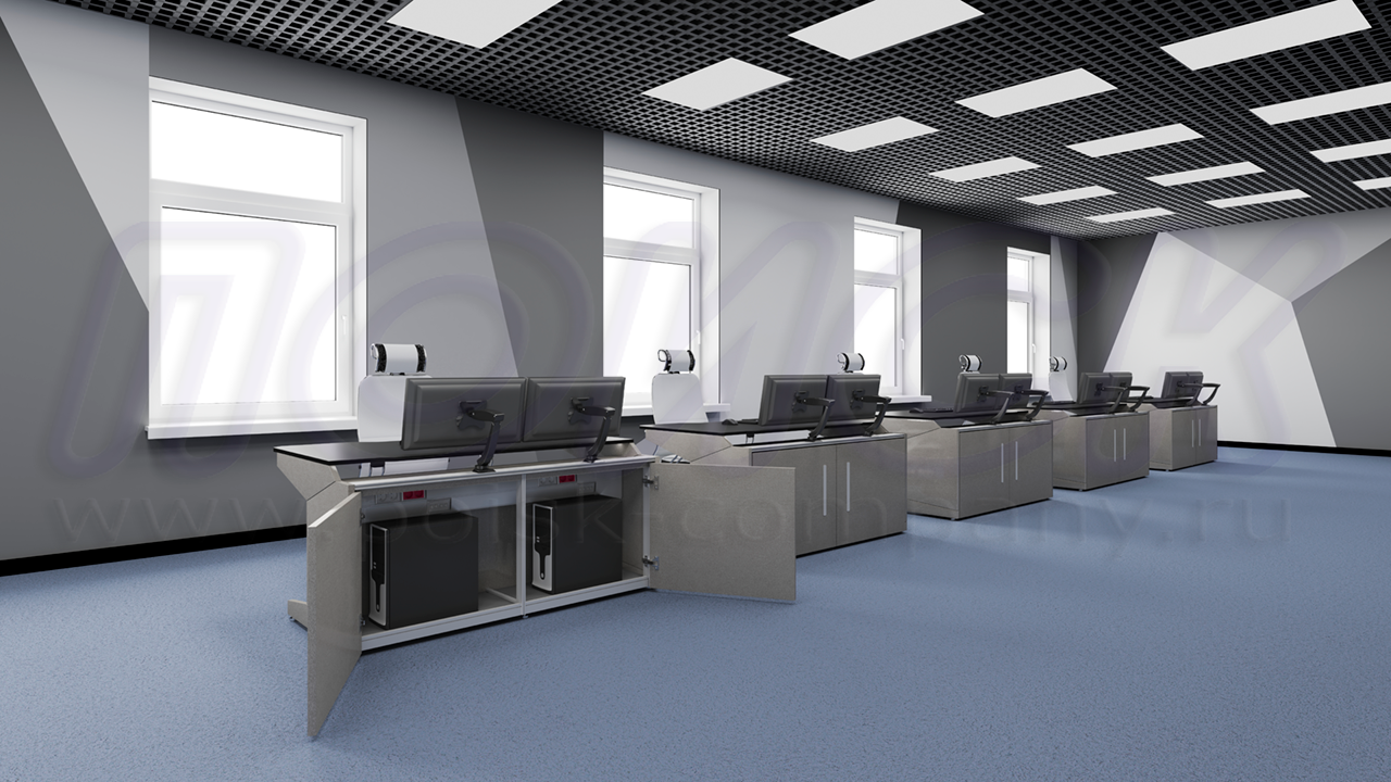 Диспетчерские столы (пульты) серии ПОИСК-Н с закрытыми дверьми отсеками, предназначенными для размещения оборудования