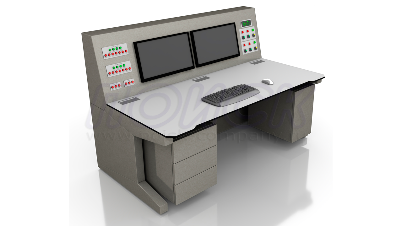 Диспетчерский стол-пульт ПОИСК-Н1 с подвесными тумбами, отсеками для размещения оборудования и с пультовой надстройкой для размещения мониторов, приборов, панелей управления и индикации