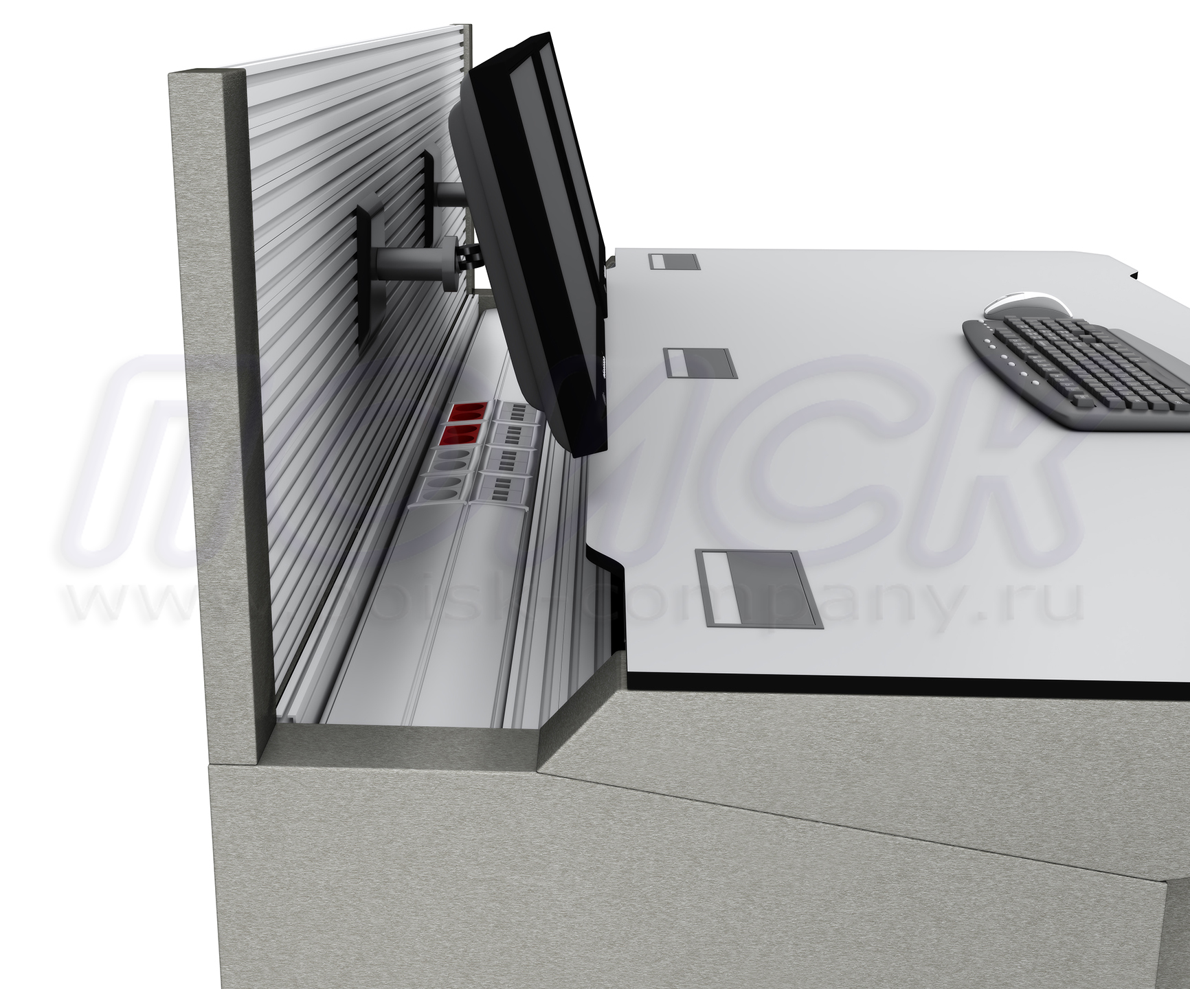 Вертикальная монтажная поверхность типа slatwall на столе серии ПОИСК-H закрепляет различные оборудования и полки для хранения документации