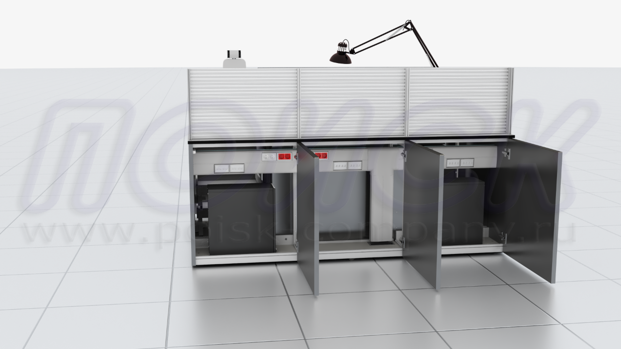 Диспетчерский стол ПОИСК-L11, системные блоки и Монтажный модуль (встроенный кабельный менеджмент), размещенные в отсеках стола 