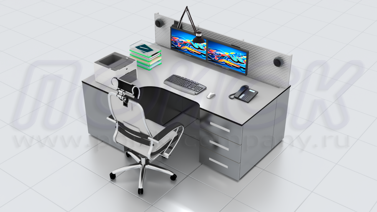 Одноместный диспетчерский стол-пульт ПОИСК-L11 с отсеками для размещения оборудования и документации, а также канцелярских принадлежностей