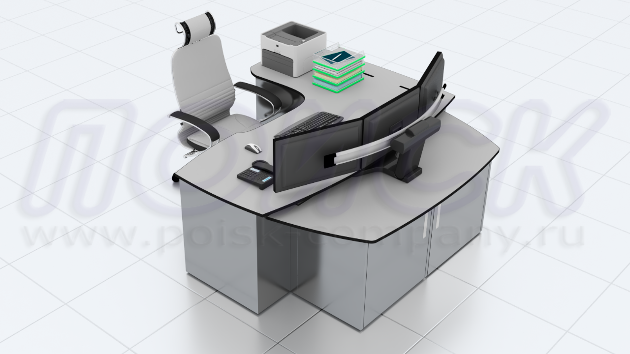 Рабочее место оператора ПОИСК-L1 с отсеками для размещения системных блоков, 19-оборудования и документации, а также канцелярских принадлежностей
