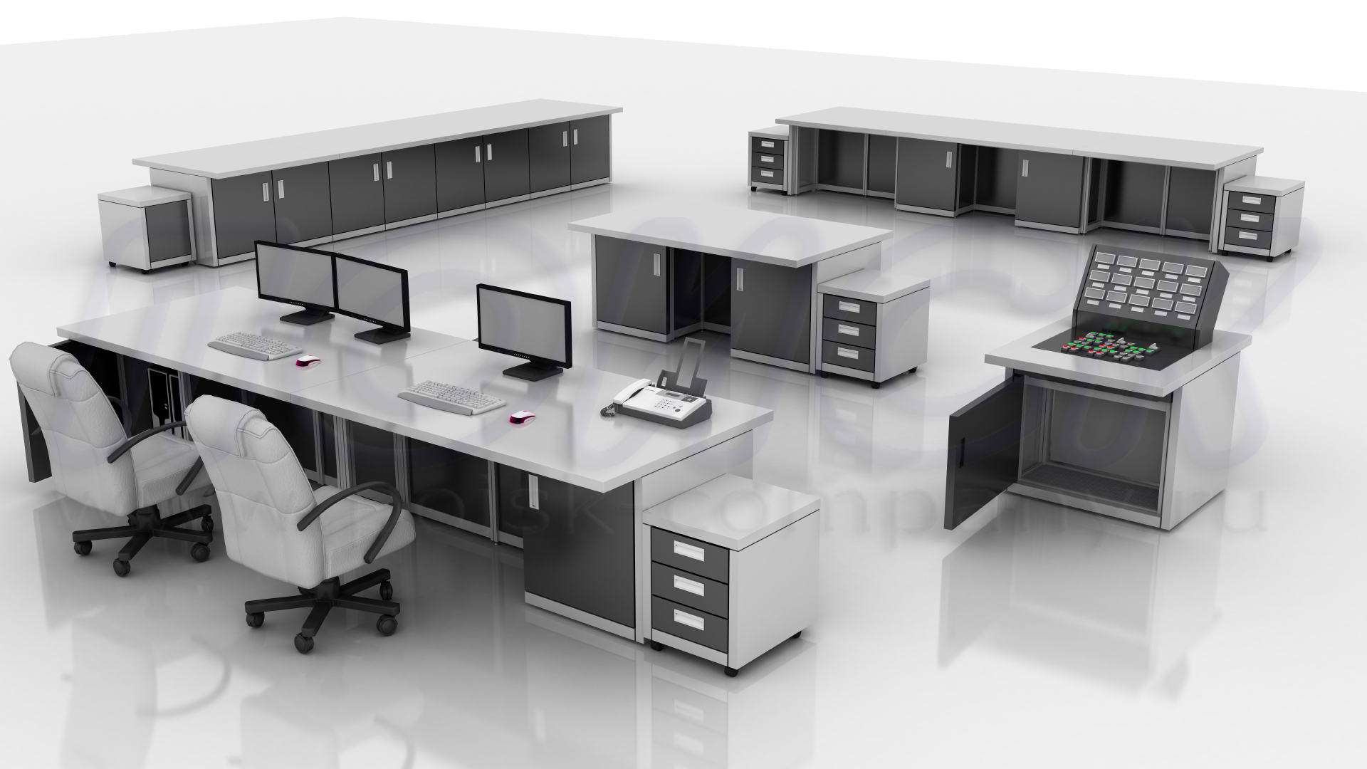 Пульты-столы на основе диспетчерской мебели ПОИСК-Х, с отсеками для размещения оборудования и документации, а также канцелярских принадлежностей и панелей (пультов) управления оборудованием