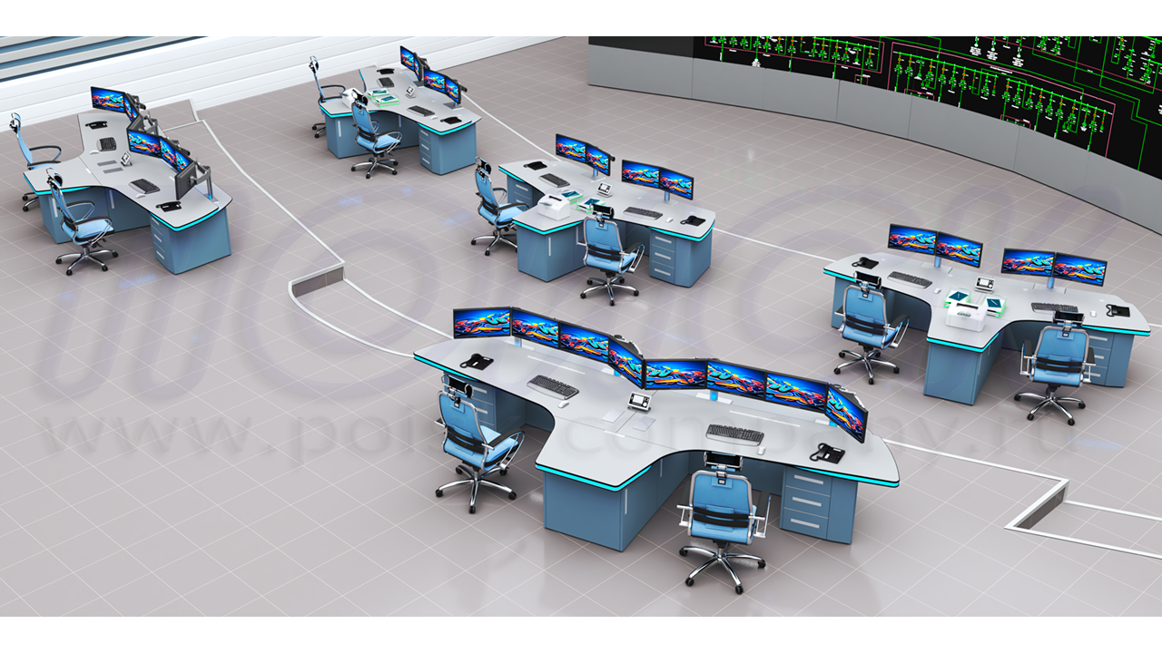 Ситуационный центр, оснащенный диспетчерской мебелью серии ПОИСК-Y (двухместные столы ПОИСК-Y2 и ПОИСК-Y21)