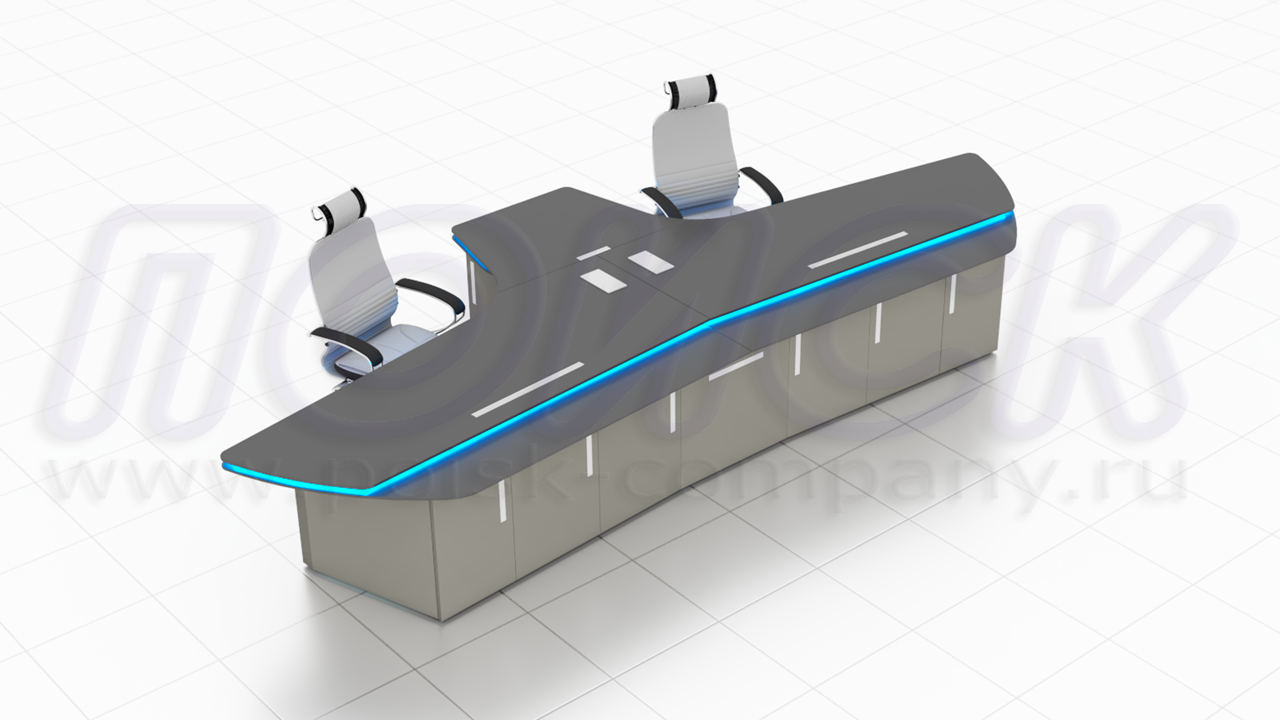 Диспетчерский стол-пульт ПОИСК-Y, с центральной секцией, с отсеками для размещения оборудования и документации, двухуровневая столешница с декоративной светодиодной подсветкой